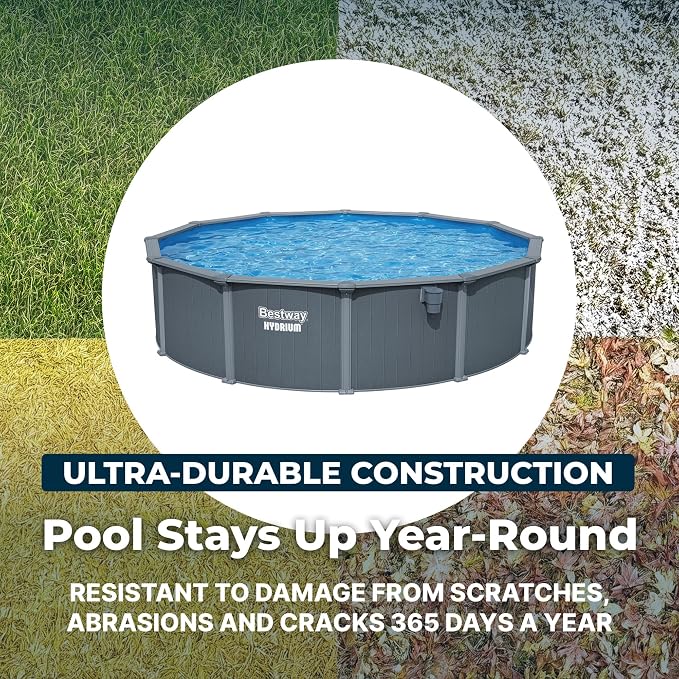 Bestway Hydrium 18' x 52" Steel Side Wall Above Ground Pool with Pump | Semi-Permanent All-Season Pool, Galvanized Steel Frame - Sand Filter Pump, Ladder, and Polysphere Filtration Balls Included