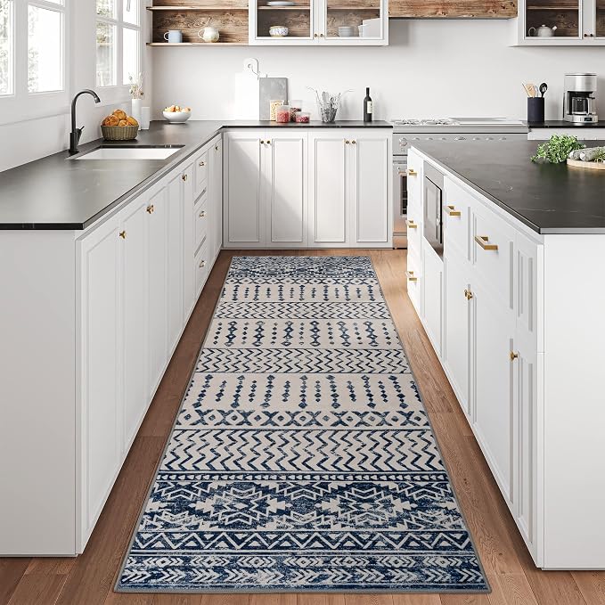 Art&Tuft 2'6"x8 Runner Rug Non Slip, Washable Rug Runners for Hallways,Blue | Low Pile, Moroccan Soft & Lighweight, Folable, Stain Resistant 2.5x8ft Carpet Runner for Entryway,Kitchen,Living Room,Bedroom