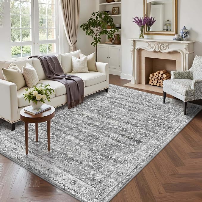 Latte&Fog 5x7 Grey Rugs for Living Room, Vintage Washable Bedroom Area Rug | Non Slip Low Pile Soft Floral Carpet for Dining Kitchen Kids Playroom Nursery Guest Room Classroom Dorm Farmhouse Office