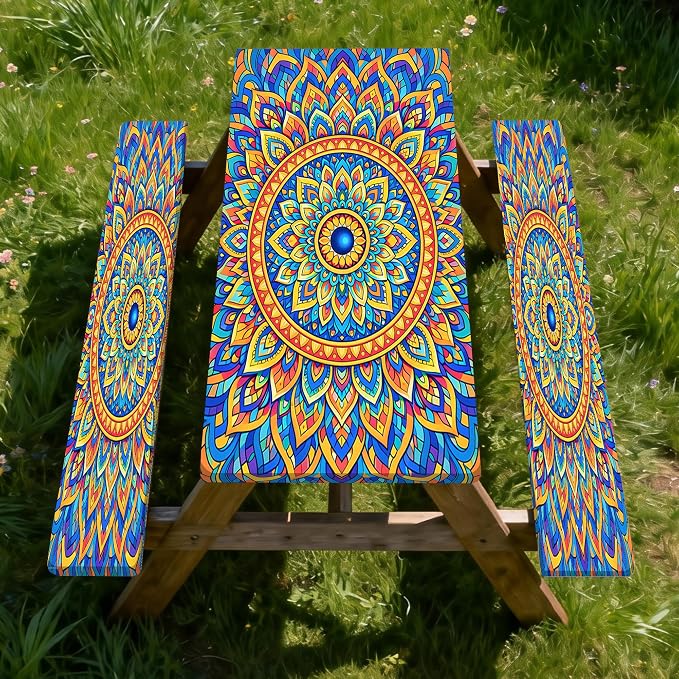 Fitted Picnic Table Cover with Bench Covers,Blue Bohemian Waterproof Elastic Edges Rectangle Patio Tablecloth Outdoor Camping Essentials Stuff Rv Accessories Summer Travel Trip Camper Gifts