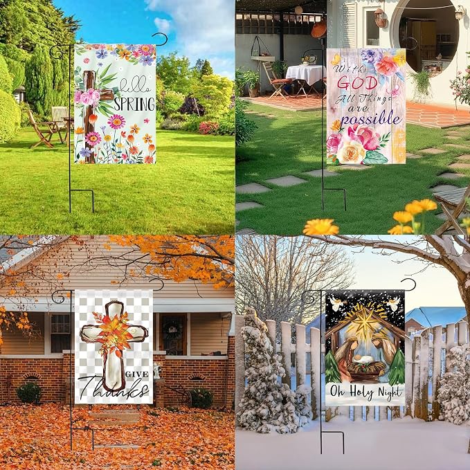 Christian Seasonal Garden Flags Set of 12 Double Sided 28 x 40 Inch Cross Yard Flags, Large Flags for Outside, Fall Winter Easter Christmas Outdoor Flags, Holiday House Flags for All Seasons