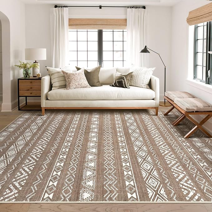 kakania Washable 6x9 Area Rug for Living Room: Boho Geometry Home Decor | Soft Stain Resistant, Low-Pile, Non-Slip, Pet & Kid Friendly, Thin Rug for Bedroom/Dining Room/Kids Dorm - Dark Brown