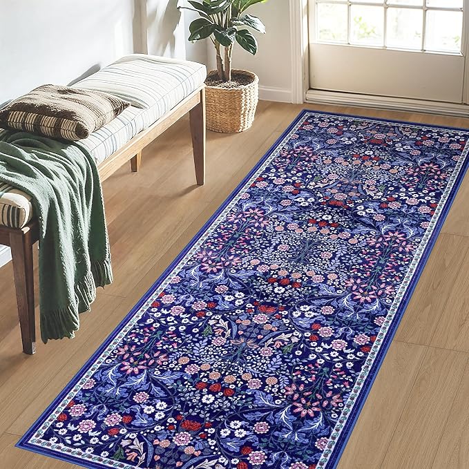 PLHXFR 2.6x8 Washable Runner Rug：Floral Indoor Kitchen Soft Carpet Blue | For Hallway Bedroom Kitchen Laundry Bathroom Dorm,Vintage Floral,Machine washable,Non Slip,Stain Resistant,Indoor Floor