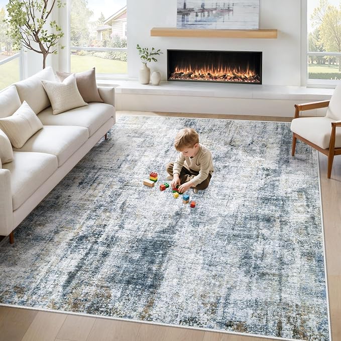 5x7 Area Rugs Washable Rug: Abstract Neutral Rugs Modern Non Slip Area Rug Stain Resistant Low Pile Indoor Carpet for Dining Room Bedroom Nursery Office (Multi Blue, 5'x7')