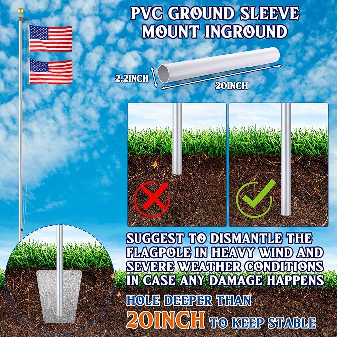 FuWeave Flag Poles for Outside House in Ground 20 ft Sectional Flag Pole Kit Extra Thick 16 Gauge Heavy Duty Aluminum Flag Pole with Gold Ball Top for Residential or Commercial(Silver)