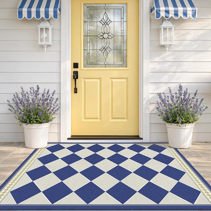 Checkered Easy Jute 3x5 Navy Blue Indoor Outdoor Rugs for Entryway, Washable Non Slip Diamond Boho Coastal Rug for Porch, Modern Minimalist Front Door Mat, Kitchen, Bathroom and Balcony Carpet