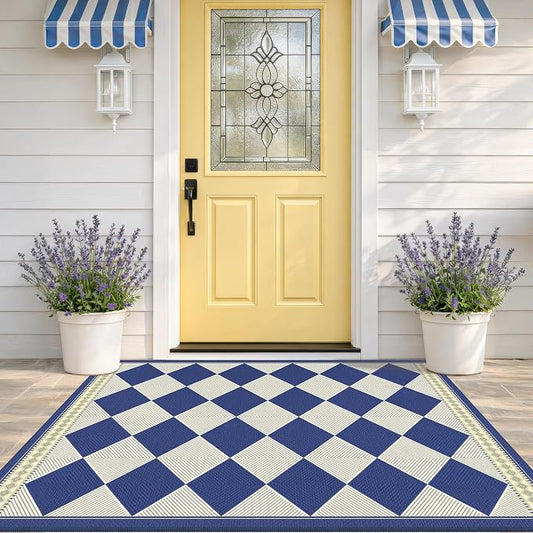 Checkered Easy Jute 3x5 Navy Blue Indoor Outdoor Rugs for Entryway, Washable Non Slip Diamond Boho Coastal Rug for Porch, Modern Minimalist Front Door Mat, Kitchen, Bathroom and Balcony Carpet