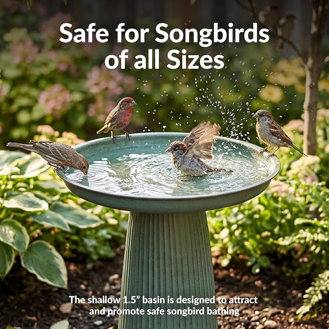 Sunnydaze Gleeful Garden 23" Iron Pedestal Bird Bath for Outside - Modern Shallow Basin Birdbath for Outdoors with UV-Protected Rust-Resistant Finish for Patio, Garden, Yard Decor - Matte Green
