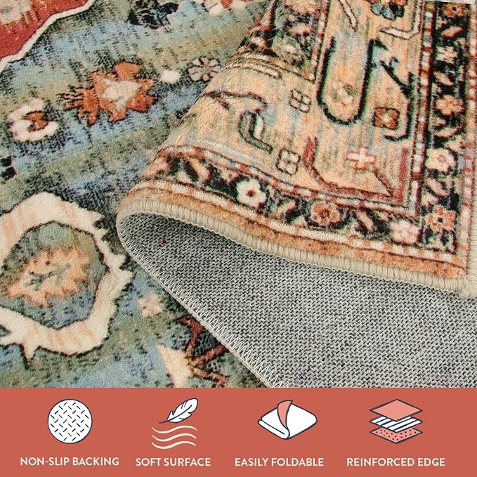 Lahome Felice Boho Tribal 2x6 Washable Runners for Hallways Non Slip, Bohemian Kitchen Mats for Floor, Vintage Bathroom Entryway Carpet Runner for Laundry Living Bedroom (Rust/Dull Teal,2x6ft)