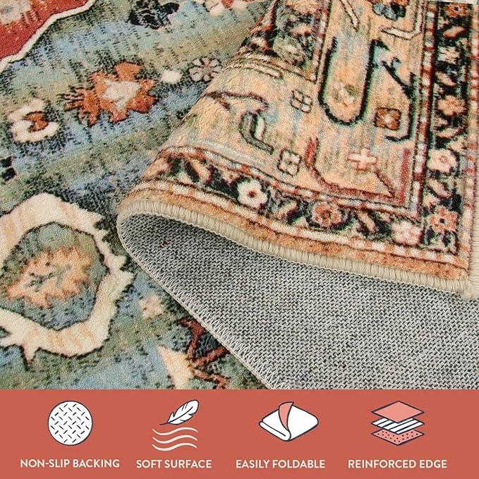 Lahome Boho Tribal Round Rug 4ft Washable Bedroom Round Area Rugs for Entryway, Soft Living Room Circular Rugs, Oriental Non-Slip Foyer Throw Mat Carpet for Nursery Kitchen (Rust/Dull Teal,4ft-Round)