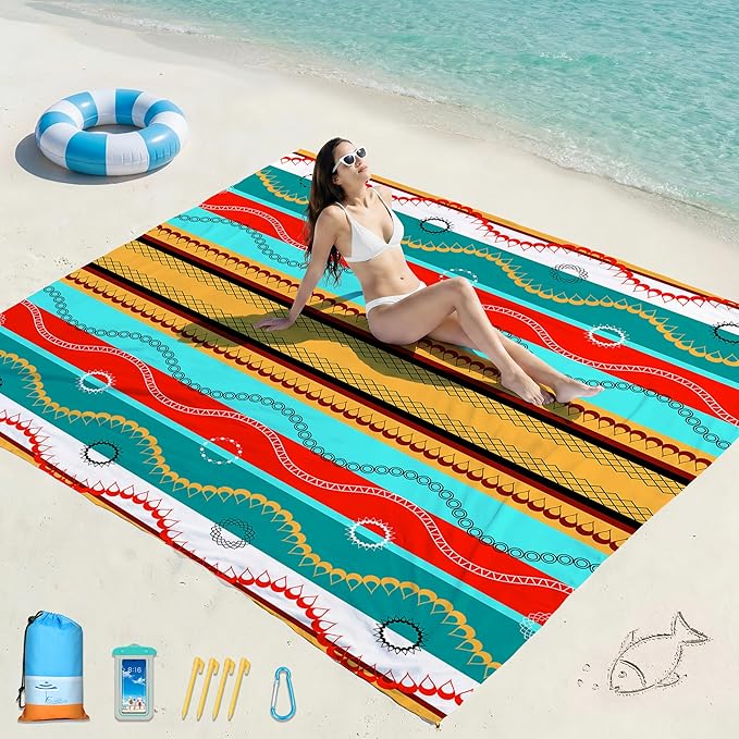Famstar Beach Blanket Oversized Extra Large 78"X81"/10'X9',Waterproof Sandproof Beach Blanket 2-8 Adults Lightweight Durable for Travel Camping Hiking Picnic