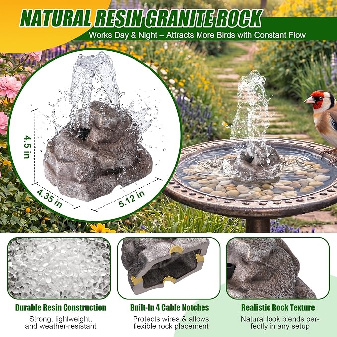 Saillong All Weather Electric Bird Bath Fountain, 8W Water Pump Resin Granite Rock with 2 Nozzles ＆ 3 Adjustable Flow Modes, IPX8 Waterproof Outdoor Fountain Pump for Bird, Birdbath, Fish Tank, Ponds