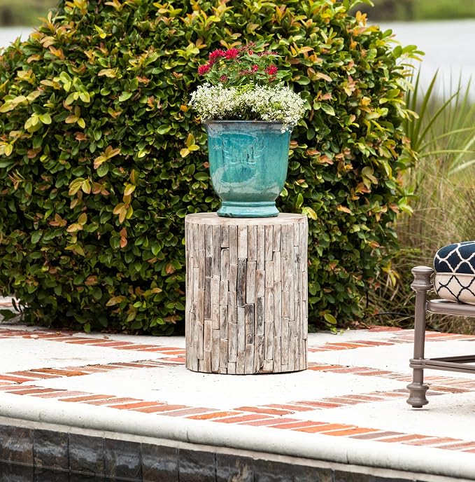 Balkene Home Patio Sense 62420 Elyse Round Rustic Garden Stool Wood Outdoor Seating & End Table Portable Adaptable Outdoor Furniture Ideal for Entertaining, Gardening & Decor - Seasoned Patina Finish