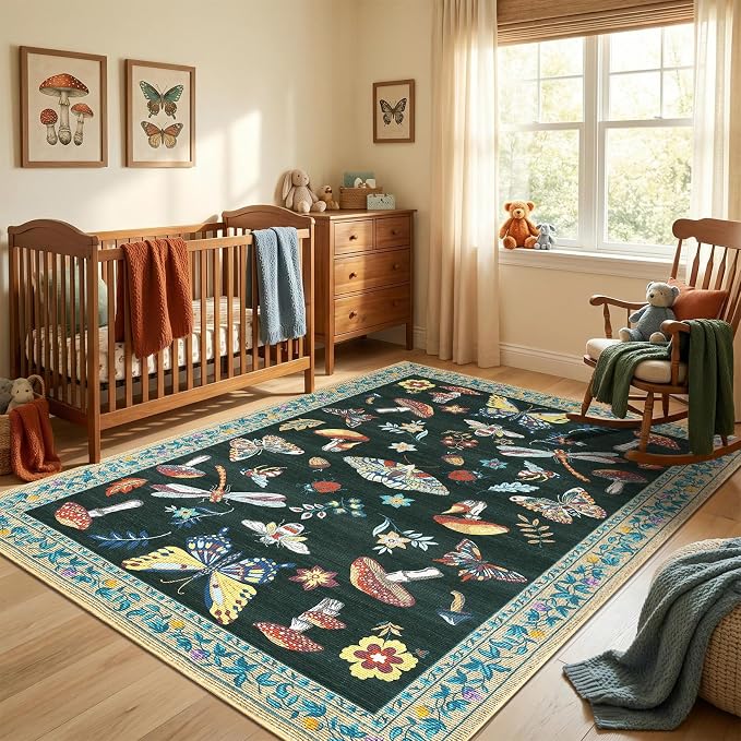 ROYHOME Mushroom Insect 3x5 Area Rug for Nursery Bedroom Black | Playroom Entryway Doormat Washable Bug Moth Cute Funky Cottage Core Whimsical Boy Rugs Low-Pile Non-Slip TPE Backing