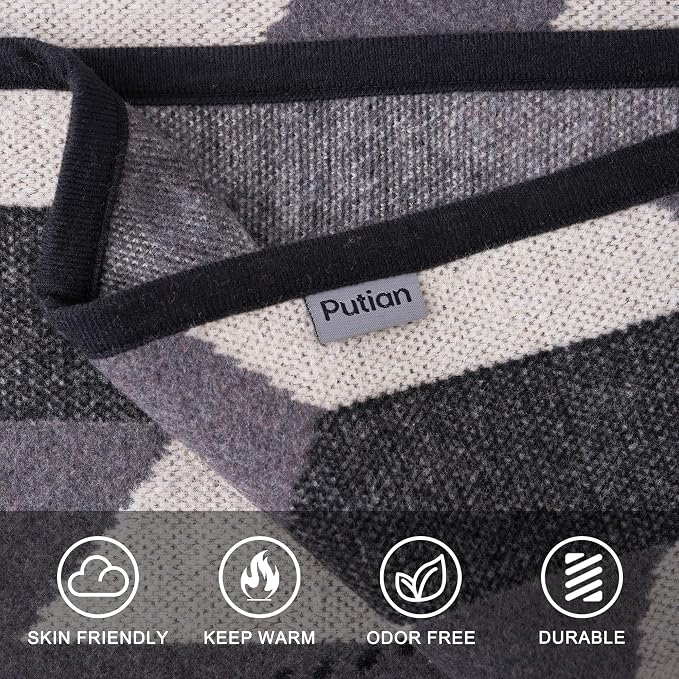PuTian Merino Wool Blanket - Large Warm Soft Washable Camp Blanket Throw for Bed Couch Camping Outdoor Travel Emergency, Grey Geometry