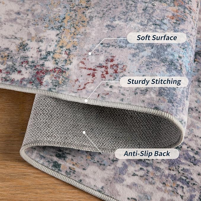 Tangsoo Modern 2x5 Washable Runner Rug, Abstract Runner Rug Non Slip | Indoor Soft Low Pile Accent Rug, Print Carpet Runners for Hallway Entryway Bedroom Kitchen Bathroom Blue Grey Home Decor