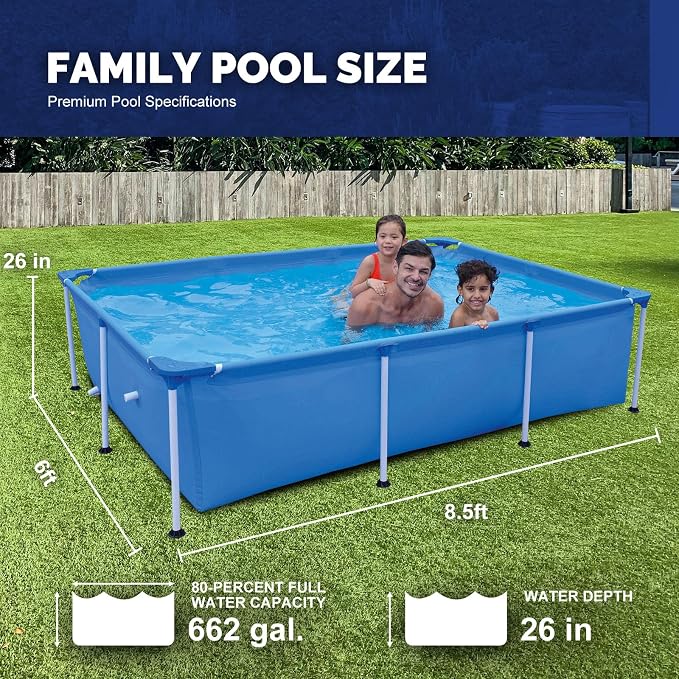 DIMAR GARDEN Above Ground Swimming Pool for Kids Adults, Outdoor Rectangular Steel Frame Swimming Pool for Backyard Lawn Family, 8.5ft x 6ft x 26in