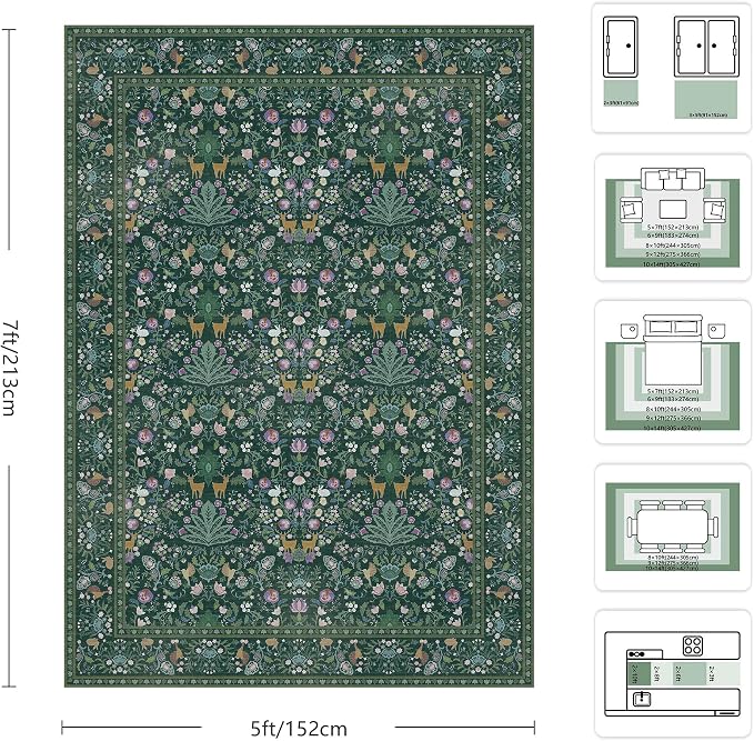 5x7 Area Rugs, Vintage Rugs for Bedroom, Indoor Non-Slip Washable Rug for Living Room, Dining Room, Low Pile Home Decor Floral Rug(Dark Green)