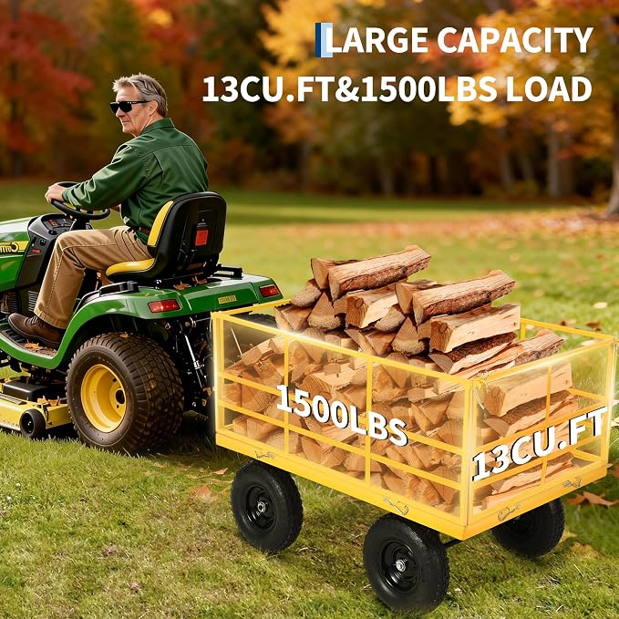 Garvee 1500 LB Garden Dump Cart, Heavy Duty Metal Utility Wagon ATV Trailer | 13 in All Terrain Tires, 4-in-1 Yard Wagon Cart with Removable Side Panels for Outdoor Lawn, Yard, Backyard