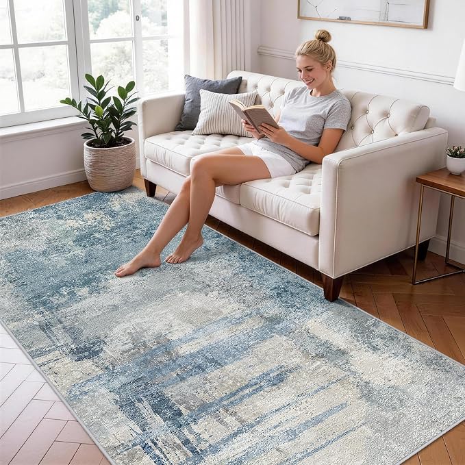 4x10 Modern Abstract Hallway Rug:Washable Wide Runner Rug Blue | Non-Slip Thin Rug for Kitchen, Living Room, Bedroom - Easy Clean Carpet for Long Spaces - Soft Low Pile Floor Mat 4x10 Blue