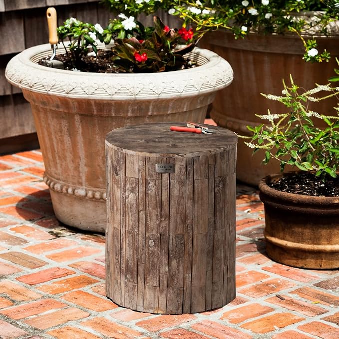 Balkene Home Patio Sense 62420 Elyse Round Rustic Garden Stool Wood Outdoor Seating & End Table Portable Adaptable Outdoor Furniture Ideal for Entertaining, Gardening & Decor - Seasoned Patina Finish