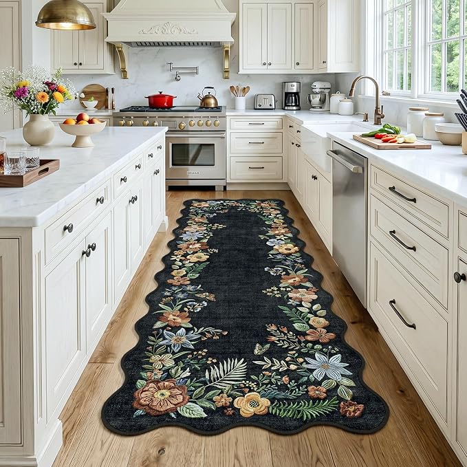 FMFUNCTEX 2x6 Hallway Runner Rug Washable Black Floral Vintage Flower Boho | Colorful Traditional Non Slip Low Pile Indoor Thin Carpet Entryway Rugs Kitchen Bedroom Laundry Entry Bedside, Black/Grey