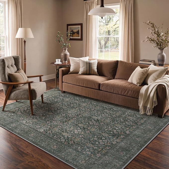 9x12 Area Rug for Living Room, Washable Low Pile, Charcoal Taupe | Vintage Distressed Design, Spill Resistant Lightweight Non-Shedding Carpet for Bedroom, Dining Room, Office