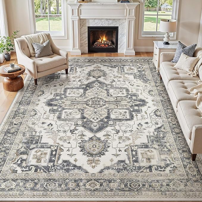 Vintage Washable 9x12 Area Rug for Living Room, Heathered Grey | Soft Low Pile Rug with Non-Slip Backing, Stain Resistant for Bedroom or Dining Room, Kid & Pet Friendly