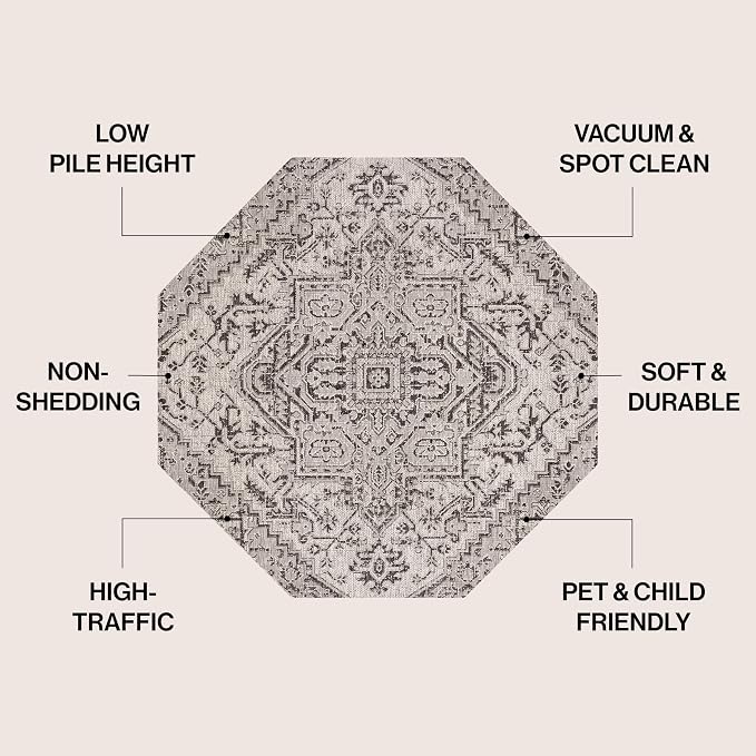 JONATHAN Y Boho Medallion Indoor Outdoor Octagon Area Rug 8 Ft Black/Gray, Estrella Textured Weave for Backyard, Patio, Porch, Easy-Cleaning, High Traffic, Pet-Friendly, Non-Shedding (SMB105D-8TGN)