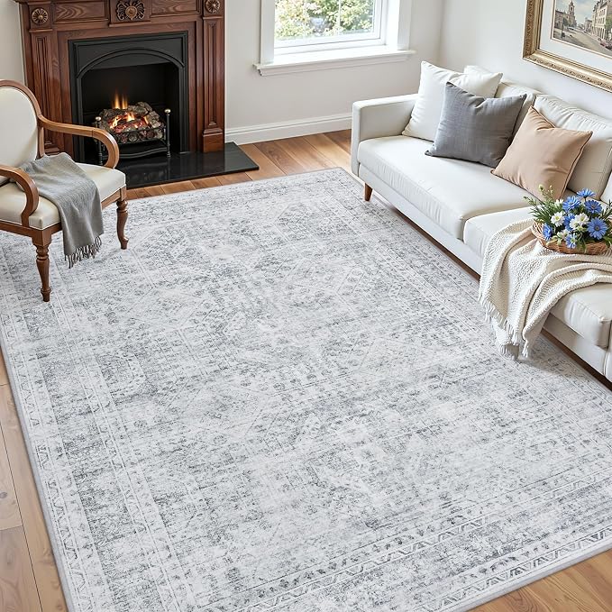 6x9 Area Rugs Living Room: Bedroom Neutral Washable Carpet Gray | Vintage Boho Soft Small Indoor Decor Floor Non-Slip Low Pile Neutral Farmhouse Entryway Laundry Bathroom Bedroom Beside Rugs