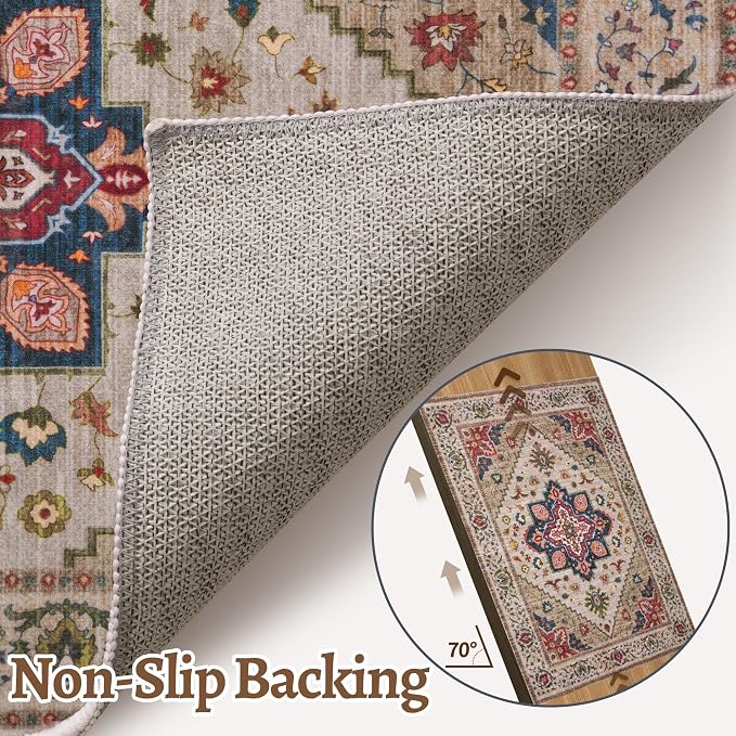 Tangsoo Vintage Small Area Rug, 2x3 Washable Rugs for Entryway Non Slip | Oriental Indoor Front Door Rug Mat, Soft Low Pile Small Carpet Throw Rugs for Entry Entrance Kitchen Bedroom Beige/Red