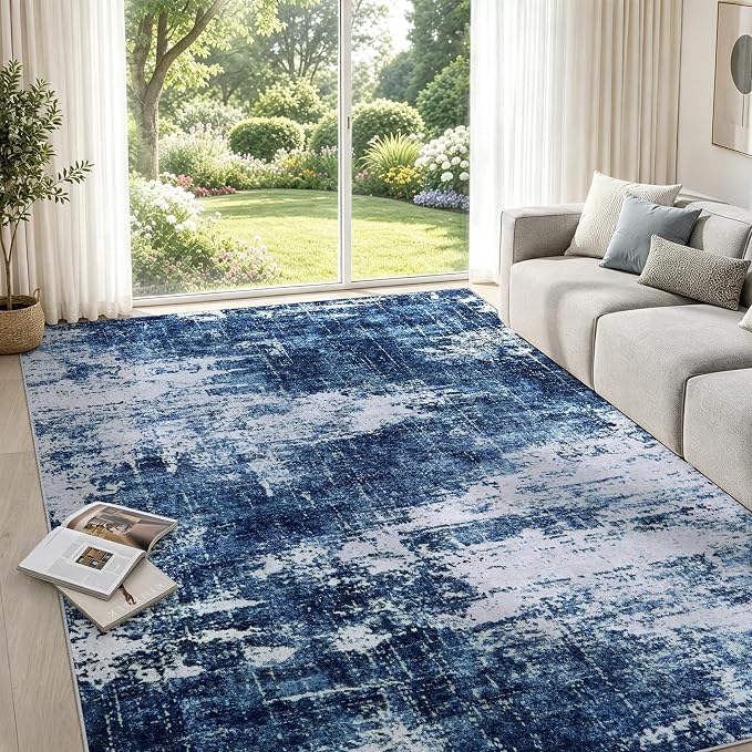 5x7 Washable Area Rug Modern Abstract for Living Room Bedroom Deep Blue | Soft Indoor Carpet,Anti-skid Backing,Water Repellent,Non-shedding, Suitable for bedroom dining farmhouse nursery home office