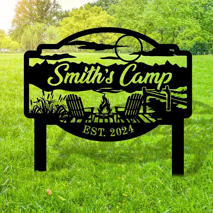 Personalized Camp fire Family Metal Signs, Outdoor Sign Wall Art, Campers Yard sign, Family Name Sign, Camper Metal Decor, Camping Stake, Yard Stake, Housewarming Present