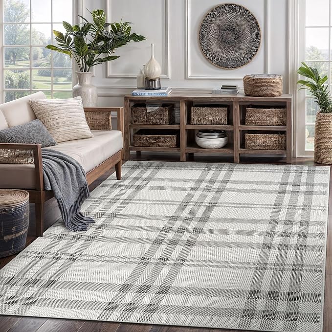 CAMILSON Easy Jute Rug 5x7, Indoor Outdoor Off-White Color Fiber Area Rugs for Living Room Patio and Kitchen Rug Checkred Boho Woven Design, Easy-Cleaning, Washable Outside Carpet (5 x 7)