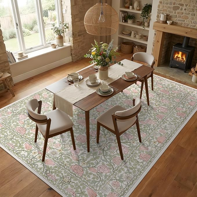 GarveeHome Pink Green Beige Floral 8x10 Area Rugs for Living Room Bedroom | Large Washable Dinning Room Girls Dorm Office Rug Vintage Boho Rugs Low-Pile Non-Slip Stain Resistant TPE Backing