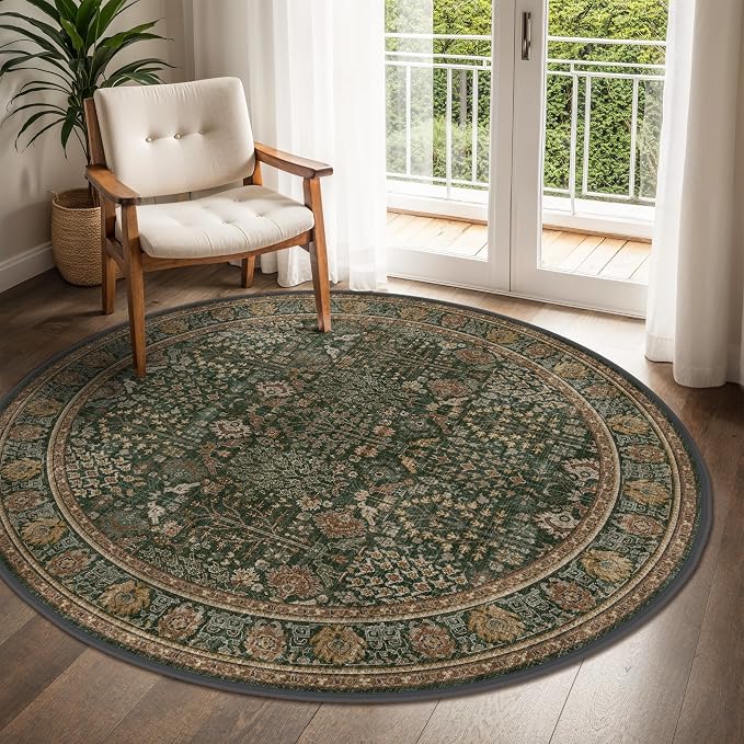 5ft Round Area Rug 5x5, Washable Non Slip, Dark Green Brown | Vintage Floral, Spill Resistant, Lightweight Low Pile Non-Shedding Carpet for Bedroom, Nursery and Dining Room