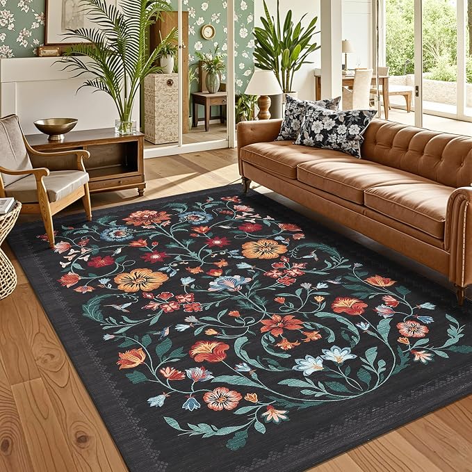 GarveeHome Washable Rug 5x7 Area Rugs for Living Room, Floral Rug for Bedroom, Soft Boho Non Slip Throw Rugs with Rubber Back, Low Pile Stain Resistant Vintage Floral Carpet for Dining Room, Black