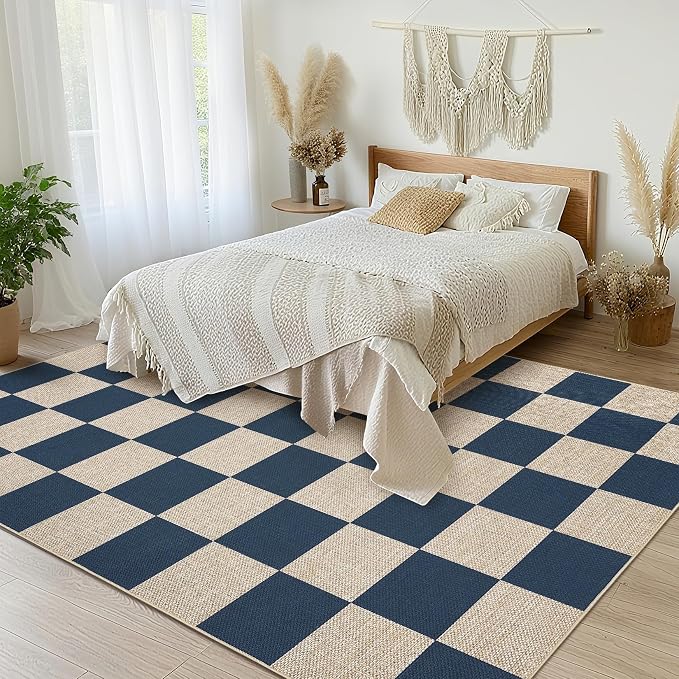 GarveeHome Checkered Easy Jute 5x7 Area Rugs for Living Room Machine Washable Non-Slip Backing Stain Resistant Modern Indoor Outdoor Rugs for Farmhouse Dining Room Patio Navy Blue
