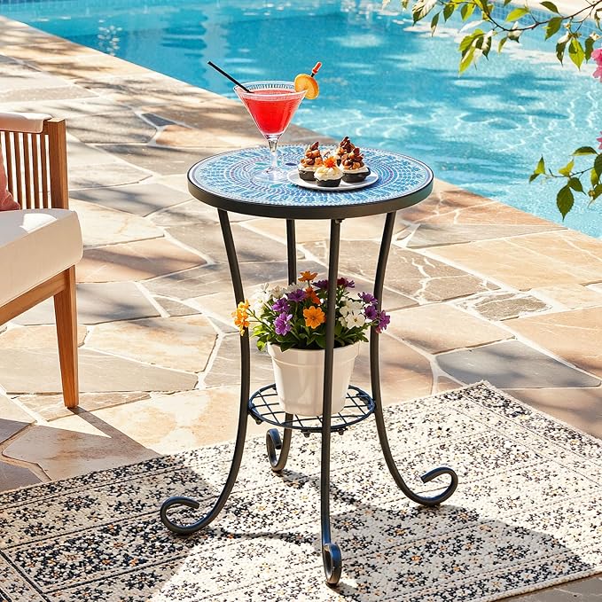 Side Table Outdoor, Mosaic Patio Table with Planter Stand, 22" H Iron Coffee End Table,Weather Resistant Tile Top Metal Drink Bar Table for Indoor Garden Balcony Yard Bistro Balcony