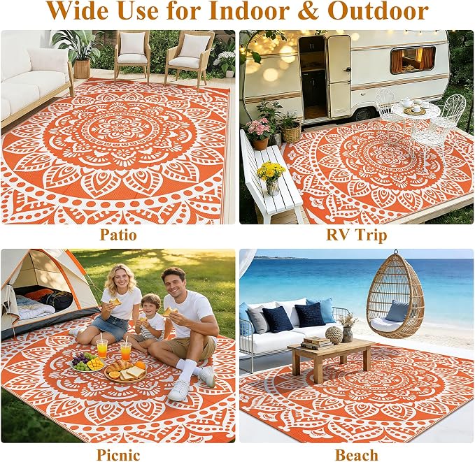 Bsmathom Waterproof Outdoor Rug 9x12ft Orange | Large Reversible, Boho Plastic Straw, Portable RV Mat, For Patio Deck Camping Beach Pool