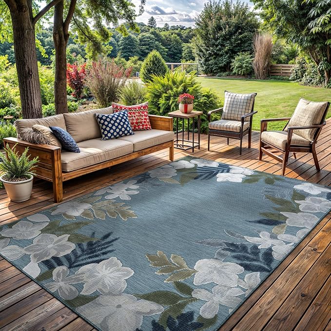 Outdoor Rug 10x14 Washable Area Rugs Indoor Outdoor Carpets Aqua Border Floral Non Shedding Waterproof Easy Clean Patio Deck Porch Living Room Bedroom Garden RV (10 X 14 Aqua)