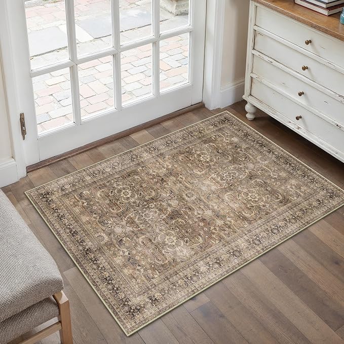2x3 Brown Vintage Distressed Washable Area Rug for Entryway | Low Pile, Non Slip, Retro Style, Soft Distressed Indoor Rug for Entryway, Kitchen, Bathroom, Door Mat, Home Decor