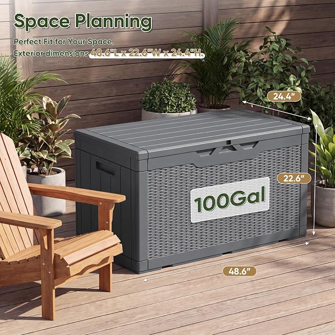 Flamaker Outdoor Storage Box 100 Gallon Waterproof Resin Deck Box Delivery Box with Air Rod Indoor Outdoor Lockable Storage Bench for Patio Cushions, Tools, Pool Accessories (Gray)