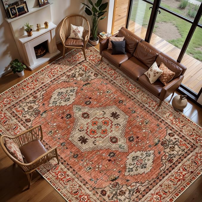 Tangsoo 8x10 Area Rug for Living Room, Washable Vintage Rug Indoor Boho Non Slip Large Area Rugs, Print Distressed Terracotta Carpet, Soft Low Pile Foldable Floor Rug for Bedroom Dining Room