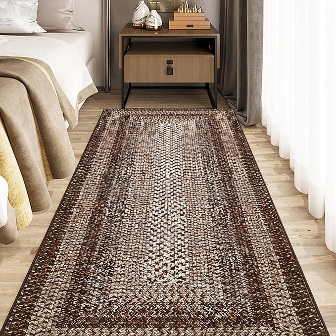 RUGSREAL Braided Print Runner Rug 2x8 Machine Washable Hallway Runner Rugs | Entryway Long Throw Carpet Non Slip Kitchen Mat Living Room Rustic Carpet for Bedroom Dining Room, Brown