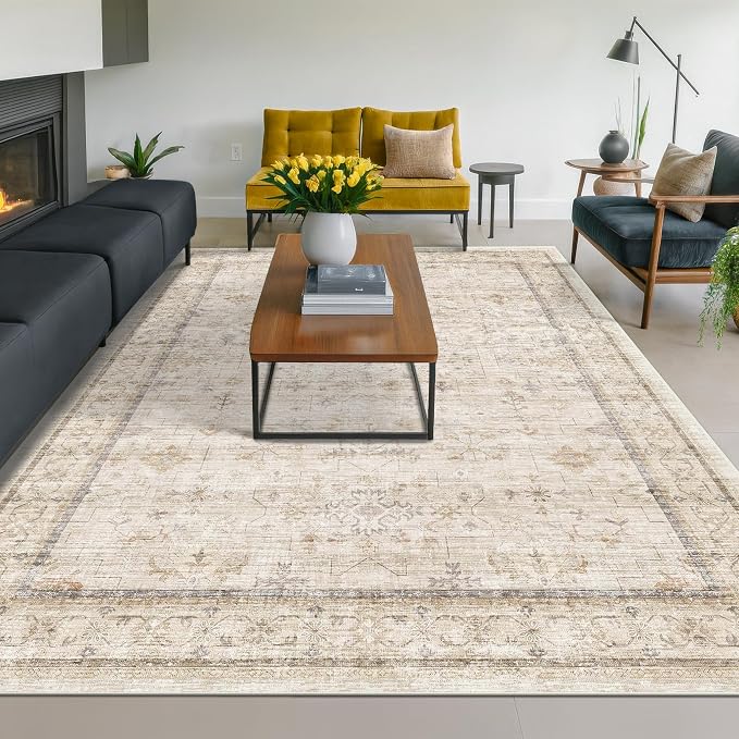 Washable Ivory Living Room Rug, 8x10 Non Slip Area Rugs for Bedroom, Dinning Room Under Table Low Pile Neutral Farmhouse Vintage Foldable Decor