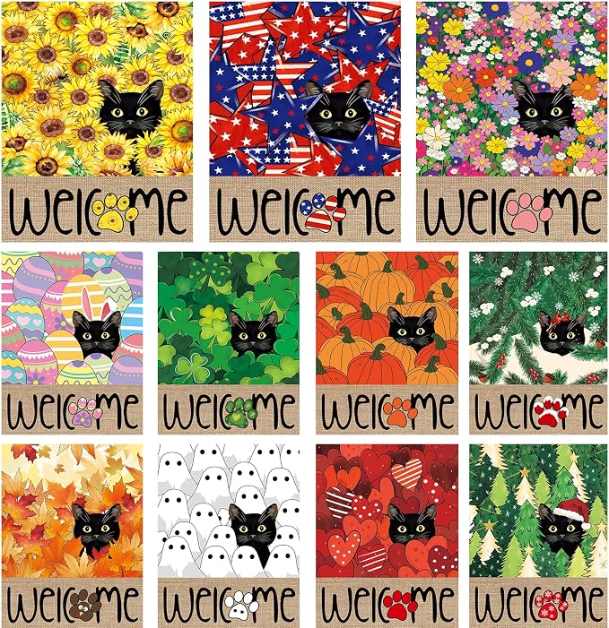 Seasonal Garden Flags Set of 11, Double Sided 12 x 18 Inch Black Cat Yard Flags, Small Flags for Outside, Spring Summer 4th of July Outdoor Flags, Welcome Holiday Garden Flags for All Seasons