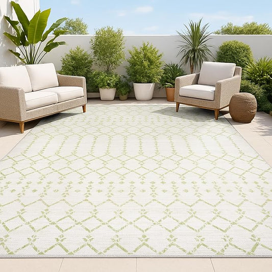 JONATHAN Y Moroccan Geometric Indoor Outdoor Area Rug 8X10 Cream/Green, Ourika Textured Weave for Backyard, Patio, Porch, Easy-Cleaning, High Traffic, Pet-Friendly, Non-Shedding (SMB108M-8)