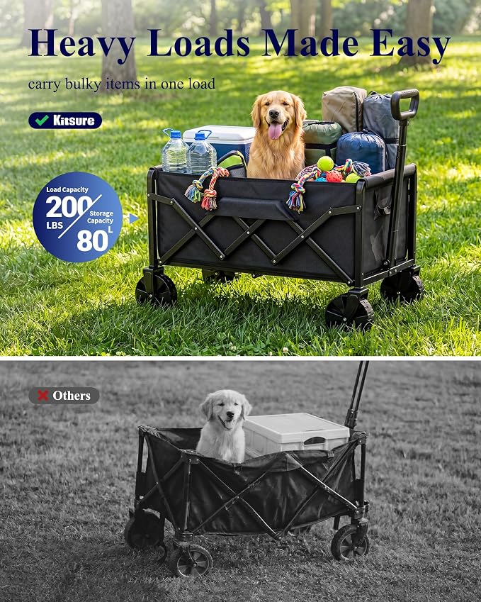 Kitsure Collapsible Wagon with Wheels, Foldable Dog Wagon Carts with 200lbs Load Capacity, Utility Shopping Cart, Black, 28.0" x 17.0" x 36.0"