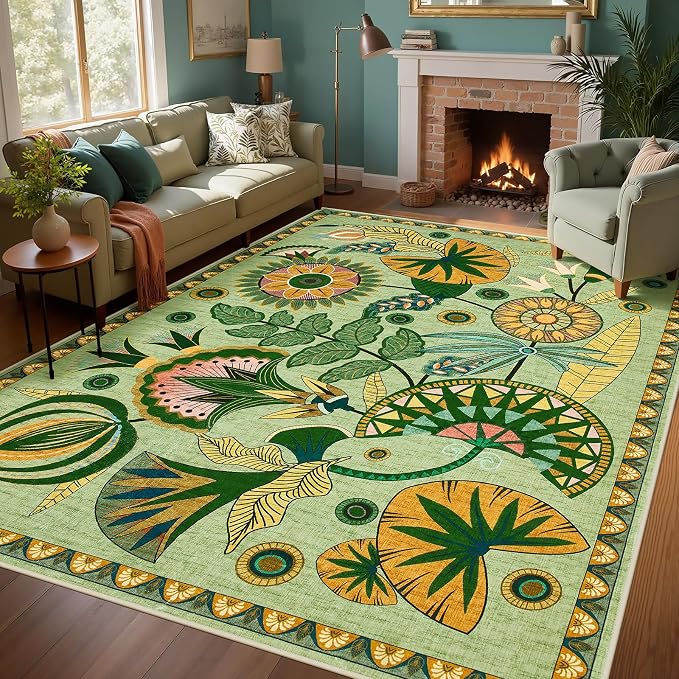 Joydeco Egypt Floral Washable Sage Green Living Room Bedroom Area Rug 6x9 | Boho Botanical Colorful Vintage Aesthetic Non Slip Flower Indoor Throw Carpet for Dining Room Office Guest Room Playroom Dorm